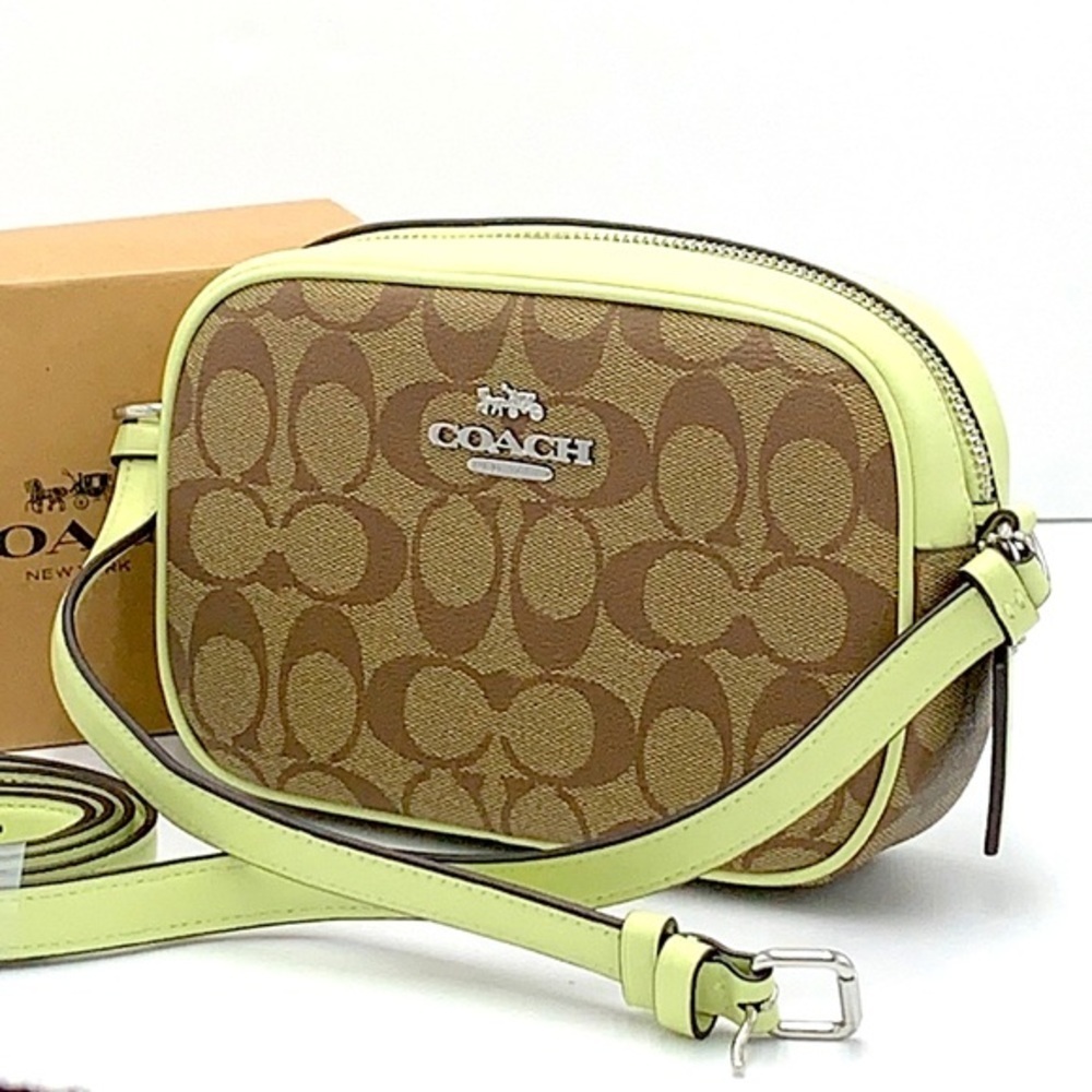 NEW! COACH Mini Jamie Camera Bag In Signature Canvas - Silver/Khaki/Pale Lime